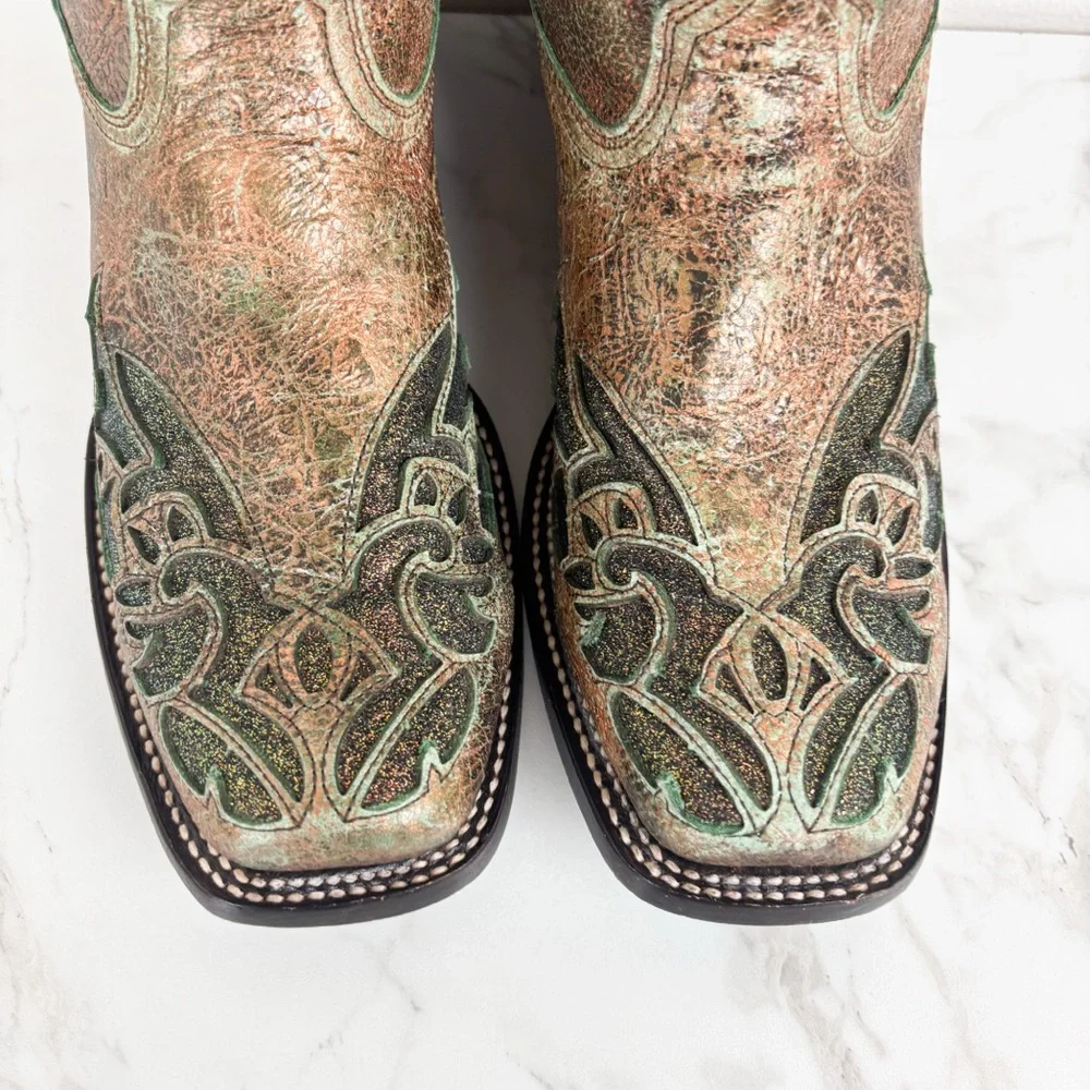 J.B. Dillon Green Bronze Metallic Glitter Cutout Cowboy Boots Sz 10C - Picture 7 of 13